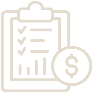 A clipboard icon showing a checklist and charts, with overlapping coin and dollar sign.